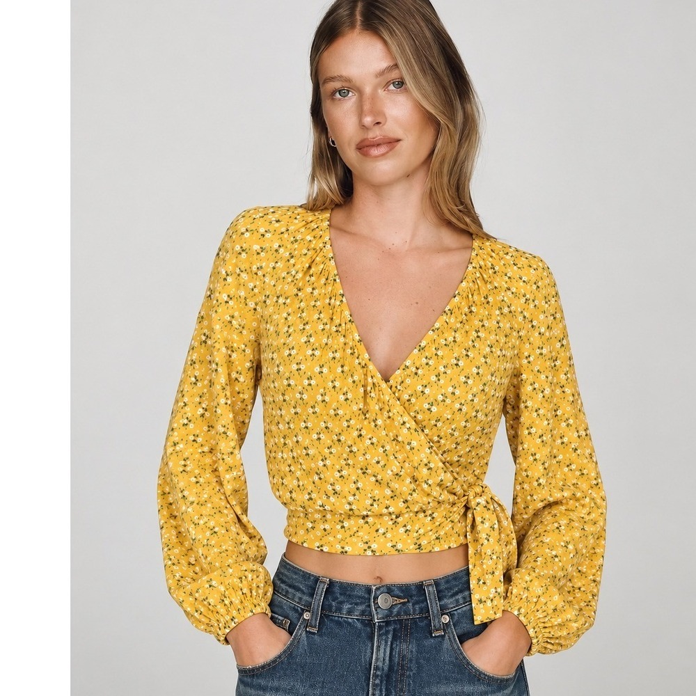 Rhode Yellow Floral Wrap Crop Top Long Sleeve V-Neck Tie Waist Blouse XL NWT